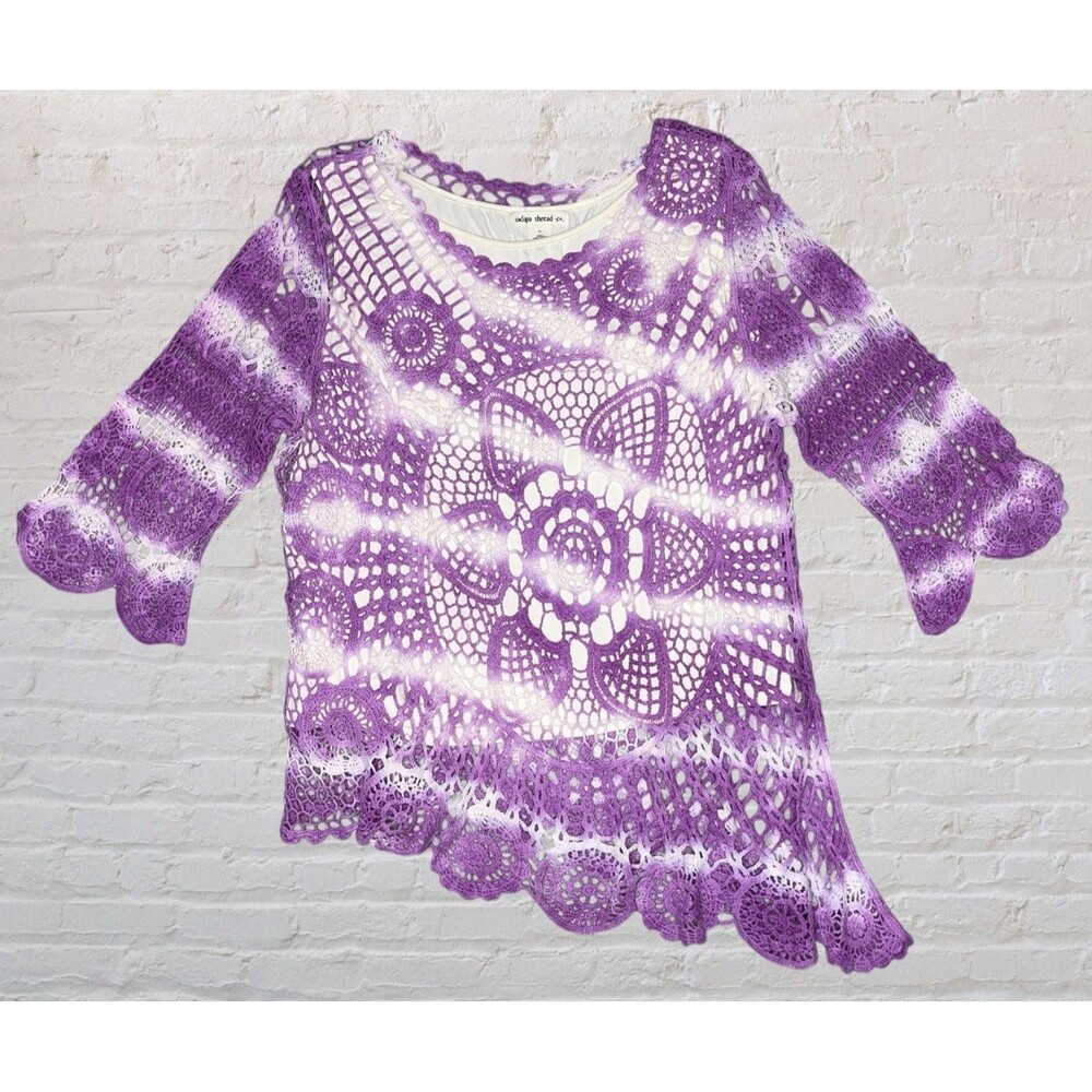Indigo Thread Co Crochet Tunic Top 2pc Womens XL Purple Asymmetrical Hem Boho
